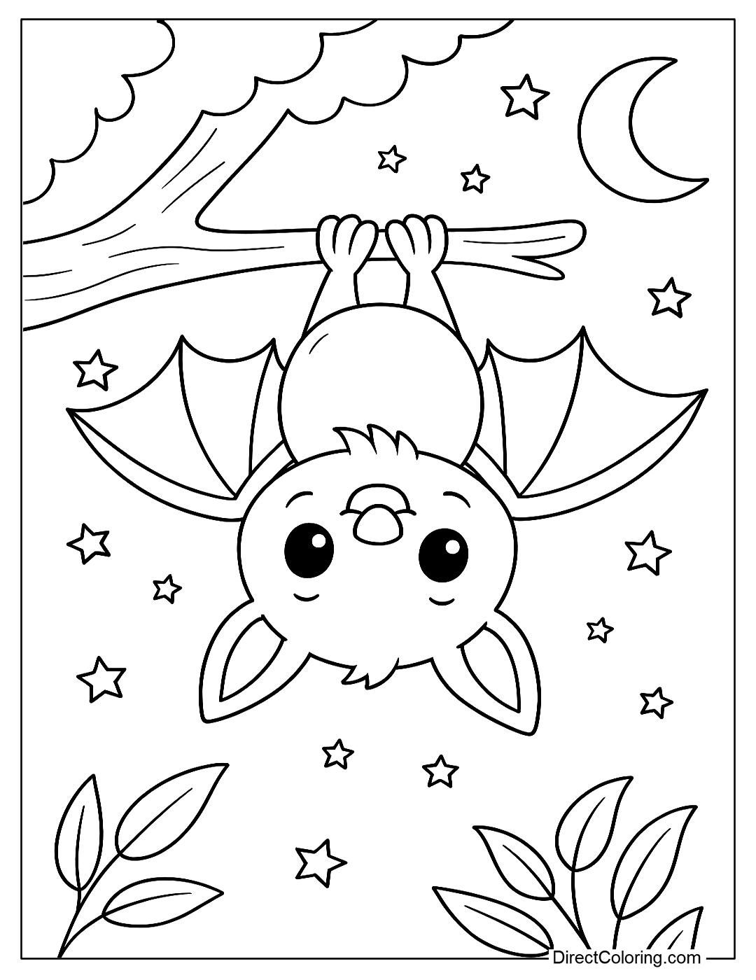 coloring page A cute bat is hanging upside down from a tree branch with stars in the background